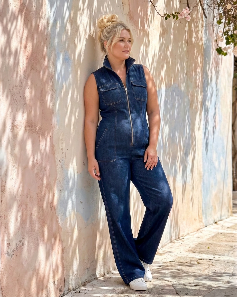 Samantha | Zip Front Sleeveless Denim Wide Leg Jumpsuit