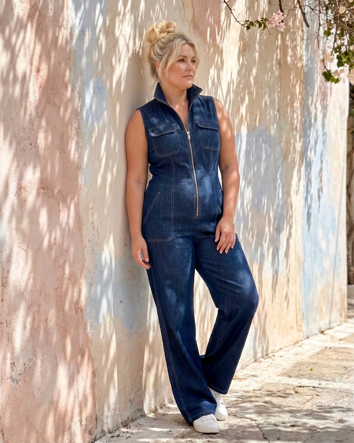 Samantha | Zip Front Sleeveless Denim Wide Leg Jumpsuit