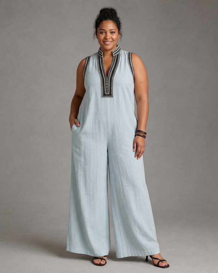 Velmira | Embroidered V Neck Sleeveless Wide Leg Jumpsuit