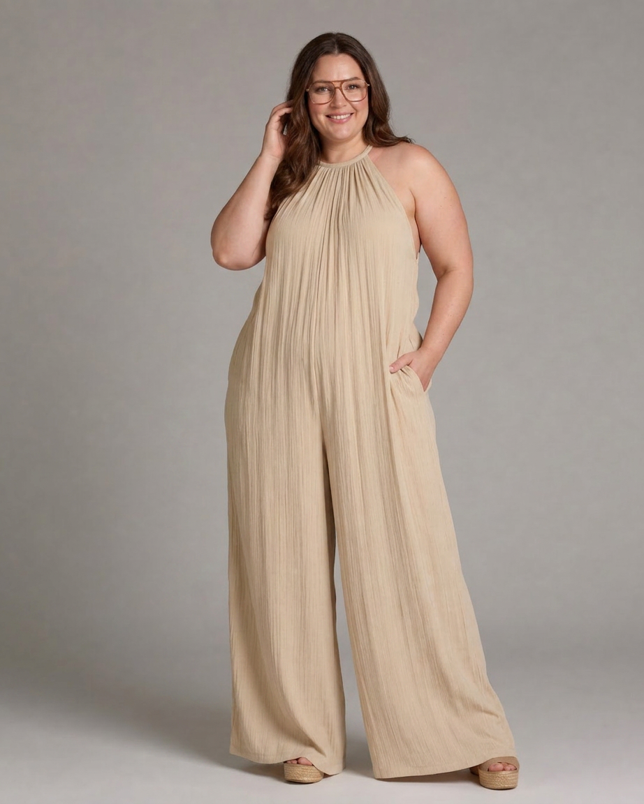 Sylvara | Pleated Halter Neck Wide Leg Relaxed Jumpsuit