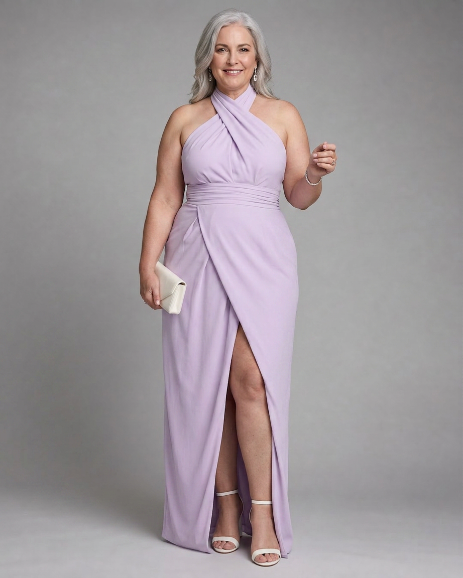 Vaelora | Cross Halter Draped Side Slit Midi Dress