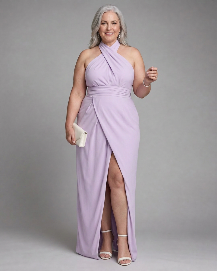 Vaelora | Cross Halter Draped Side Slit Midi Dress