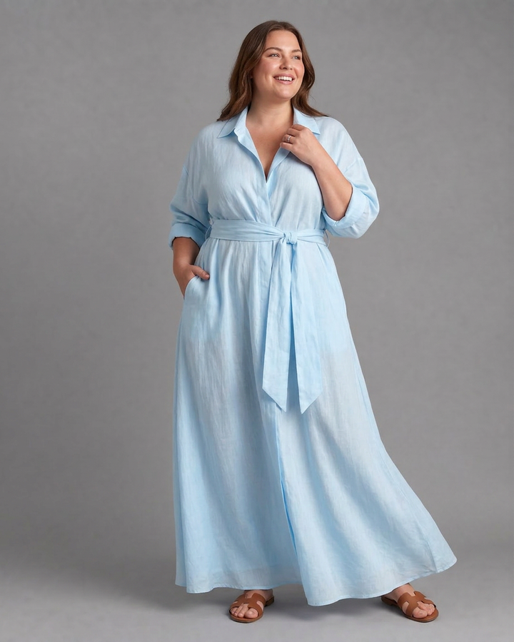Zelith | Belted Collared Flowing Long Sleeve Midi Dress