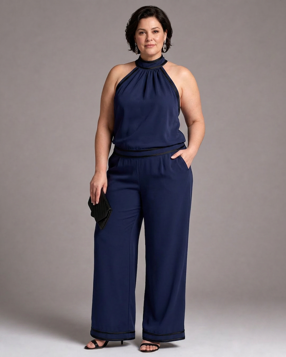 Zephyrine | Contrast Trim Halter Neck Wide Leg Jumpsuit