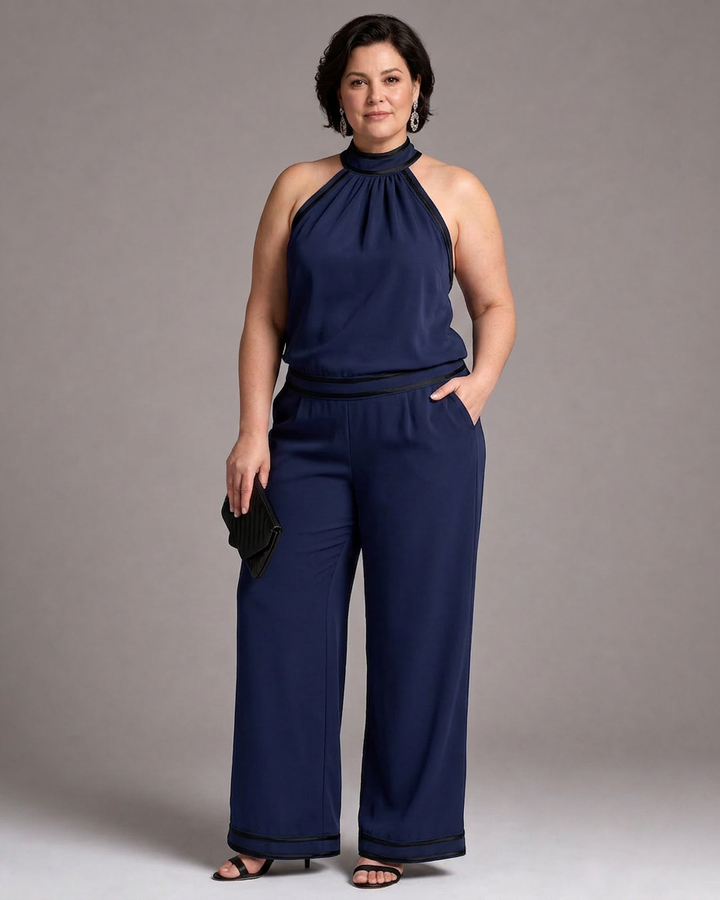 Zephyrine | Contrast Trim Halter Neck Wide Leg Jumpsuit