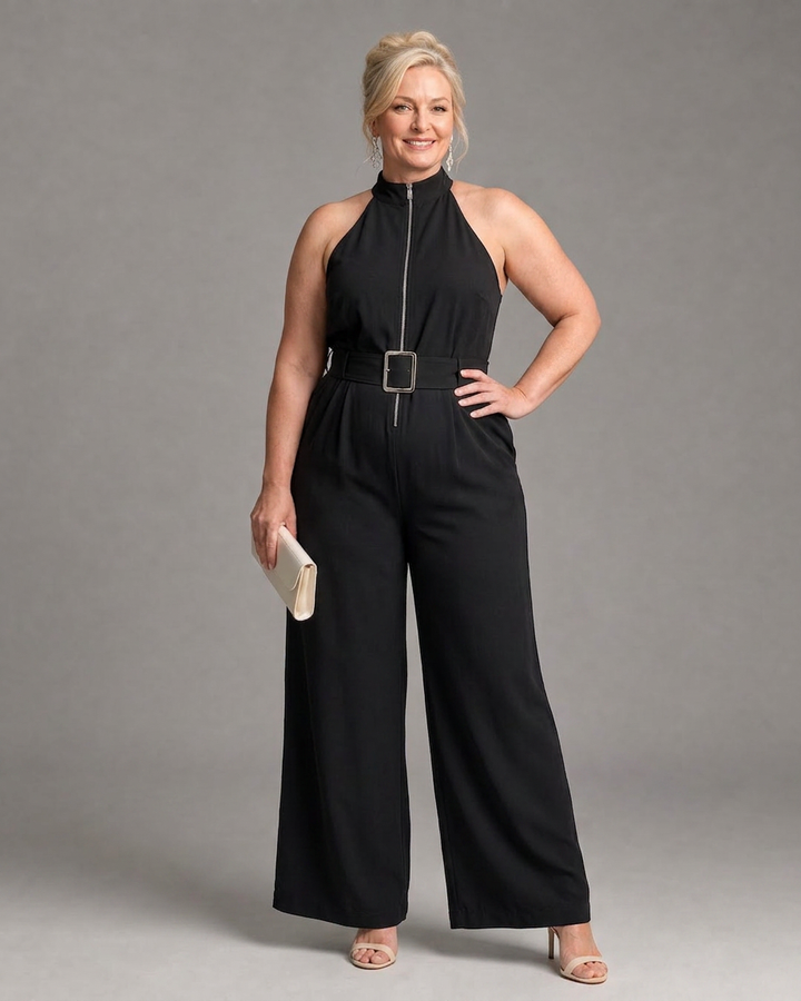 Astrielle | Belted High Neck Wide Leg Sleeveless Jumpsuit