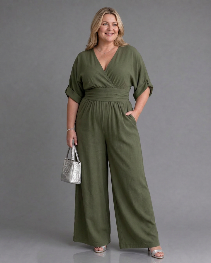 Emene | Draped V Neck Wide Leg Relaxed Jumpsuit