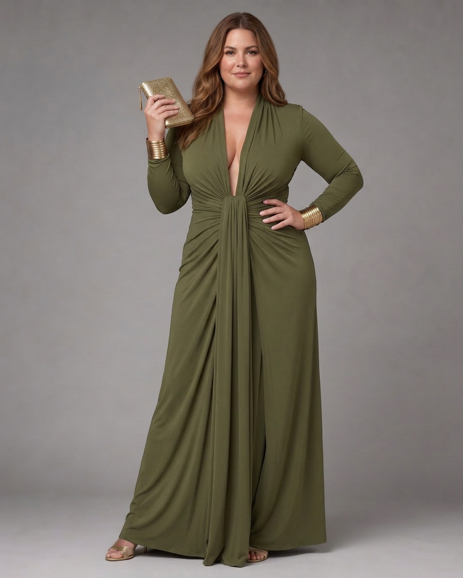 Vimmer | Draped Deep V Neck Long Sleeve Maxi Dress