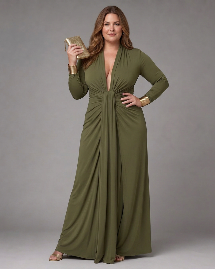 Vimmer | Draped Deep V Neck Long Sleeve Maxi Dress