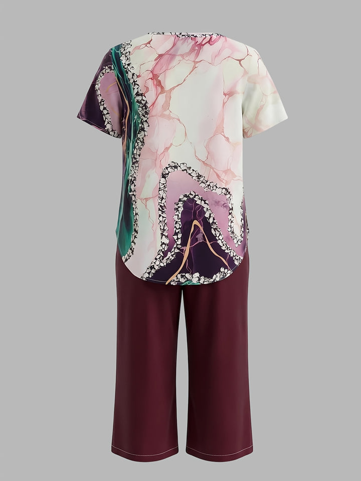 Women's Casual Short-sleeved Top + Solid Color Shorts