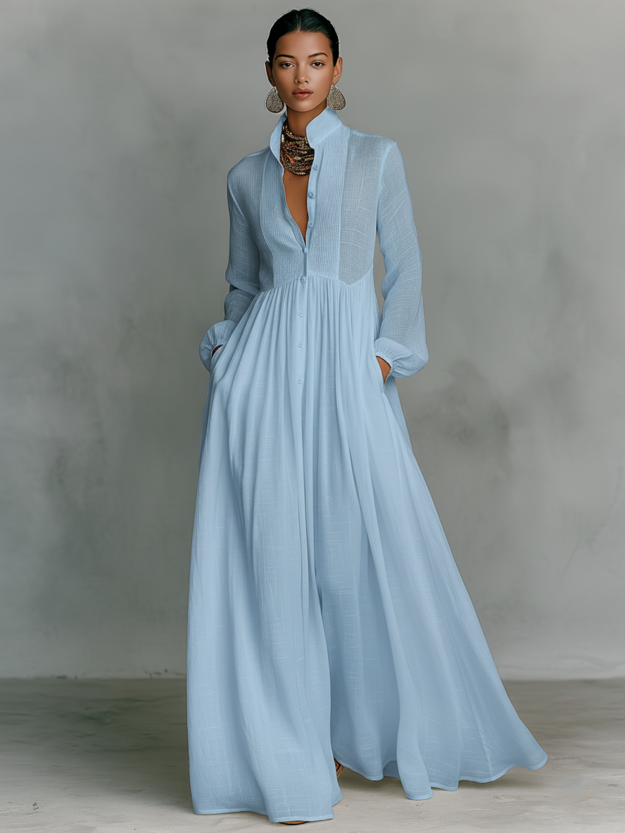 Françoise | Robe Maxi Lin Patchwork Col Montant