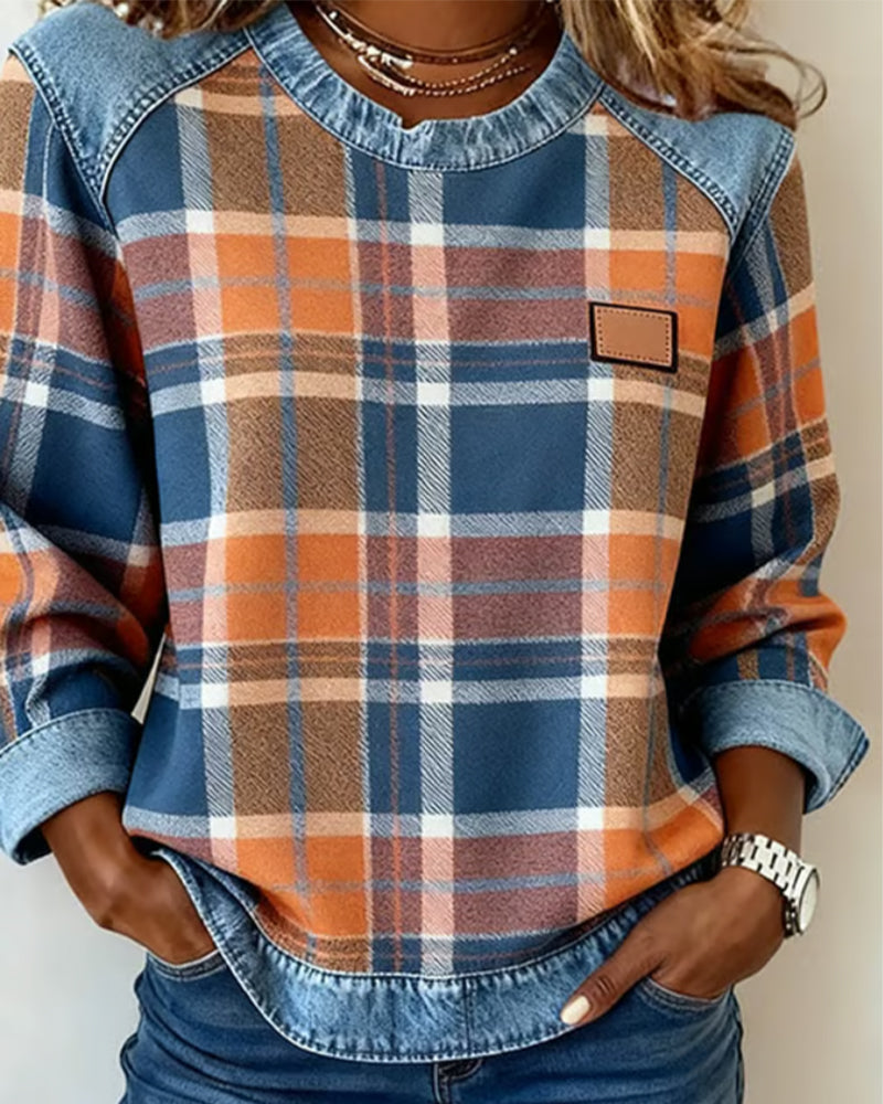 Women's Casual Round Neck Denim Patchwork Pullover Sweatshirt