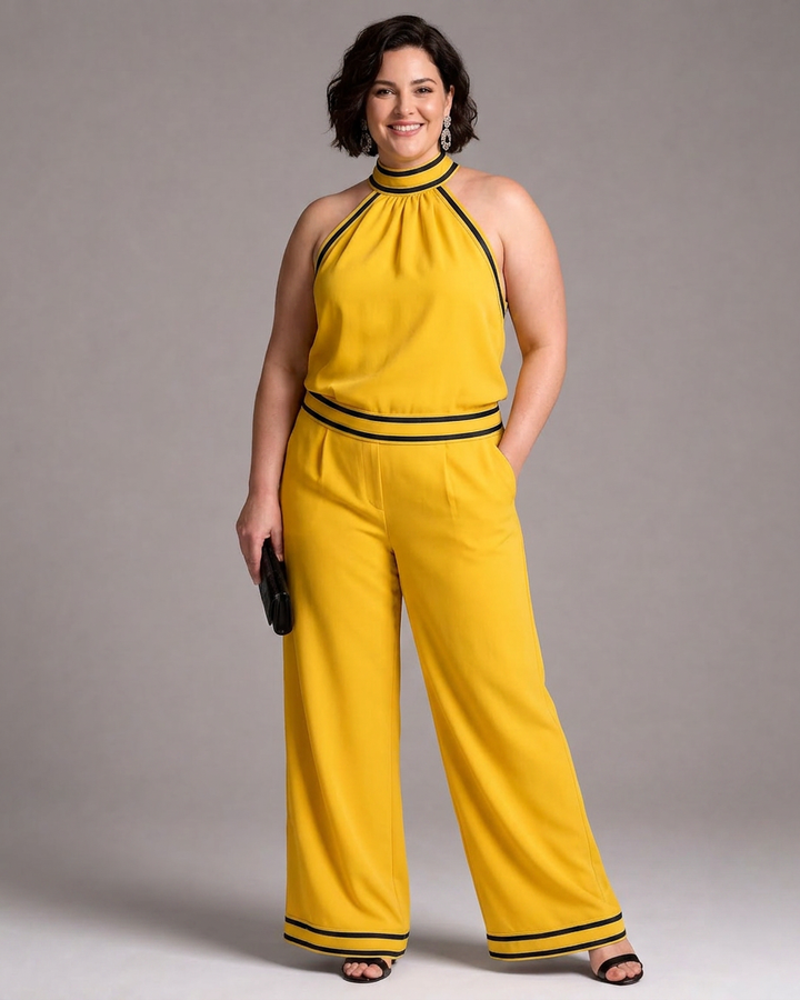 Zephyrine | Contrast Trim Halter Neck Wide Leg Jumpsuit