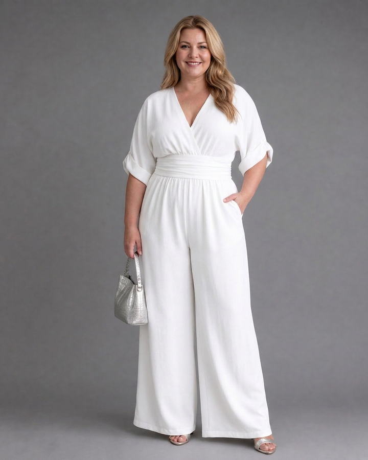 Emene | Draped V Neck Wide Leg Relaxed Jumpsuit