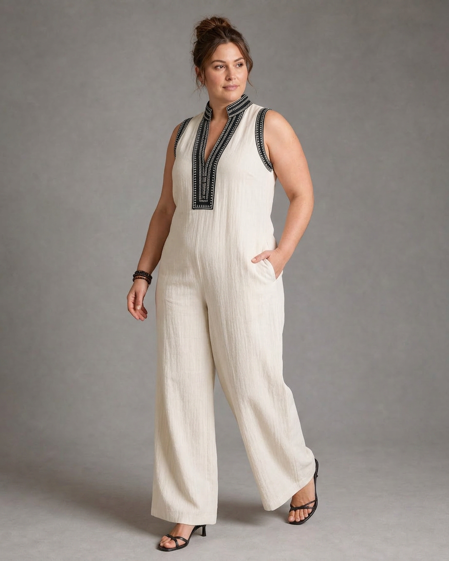 Velmira | Embroidered V Neck Sleeveless Wide Leg Jumpsuit