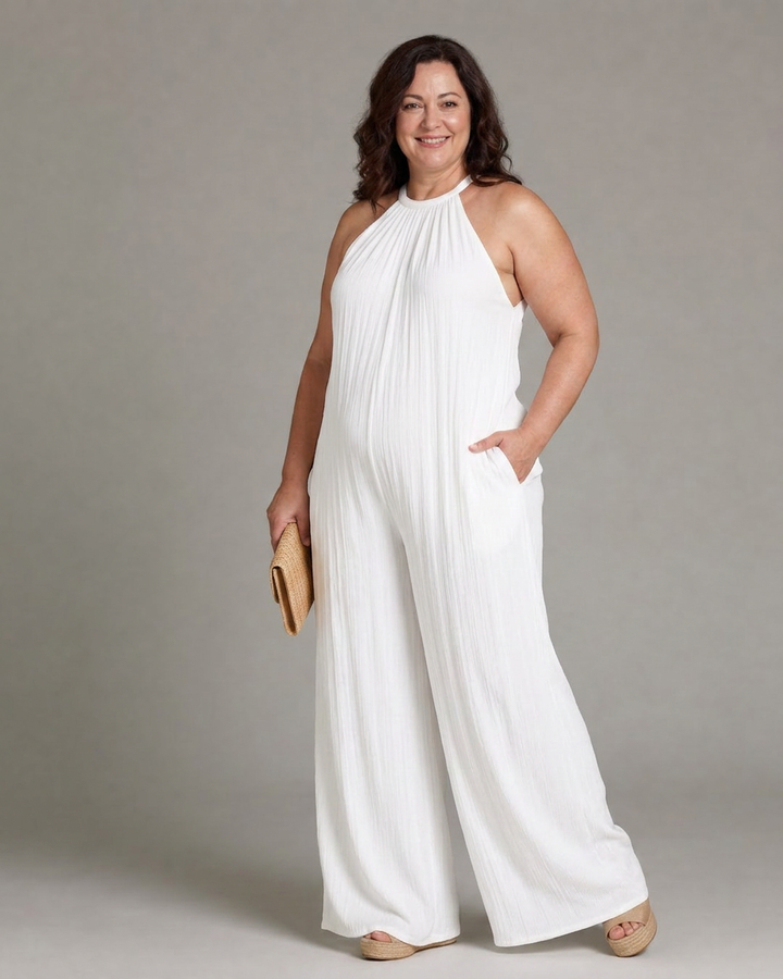 Sylvara | Pleated Halter Neck Wide Leg Relaxed Jumpsuit