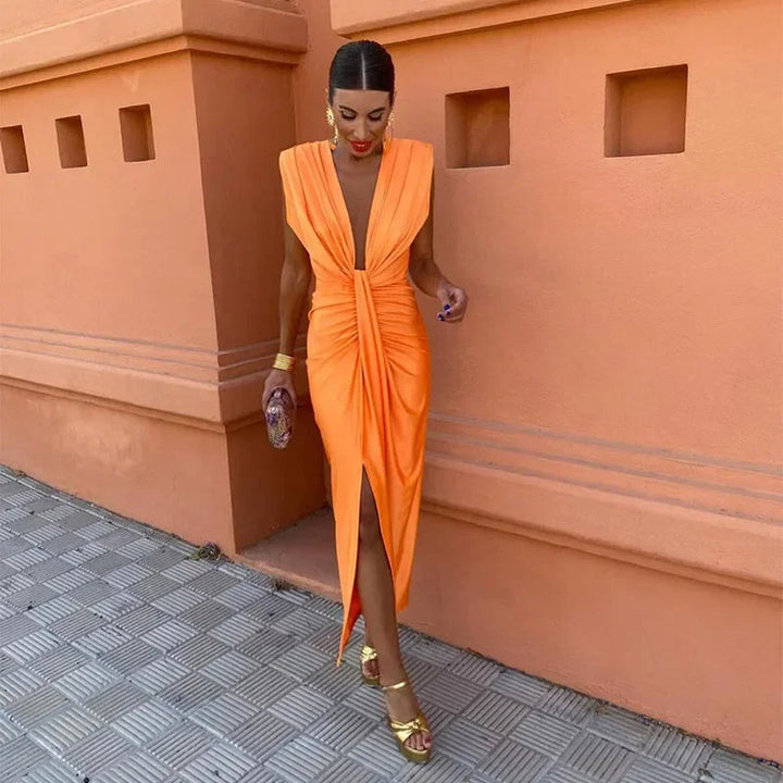 Selena - Elegant Fiery Drape Wedding Guest Maxi Dress