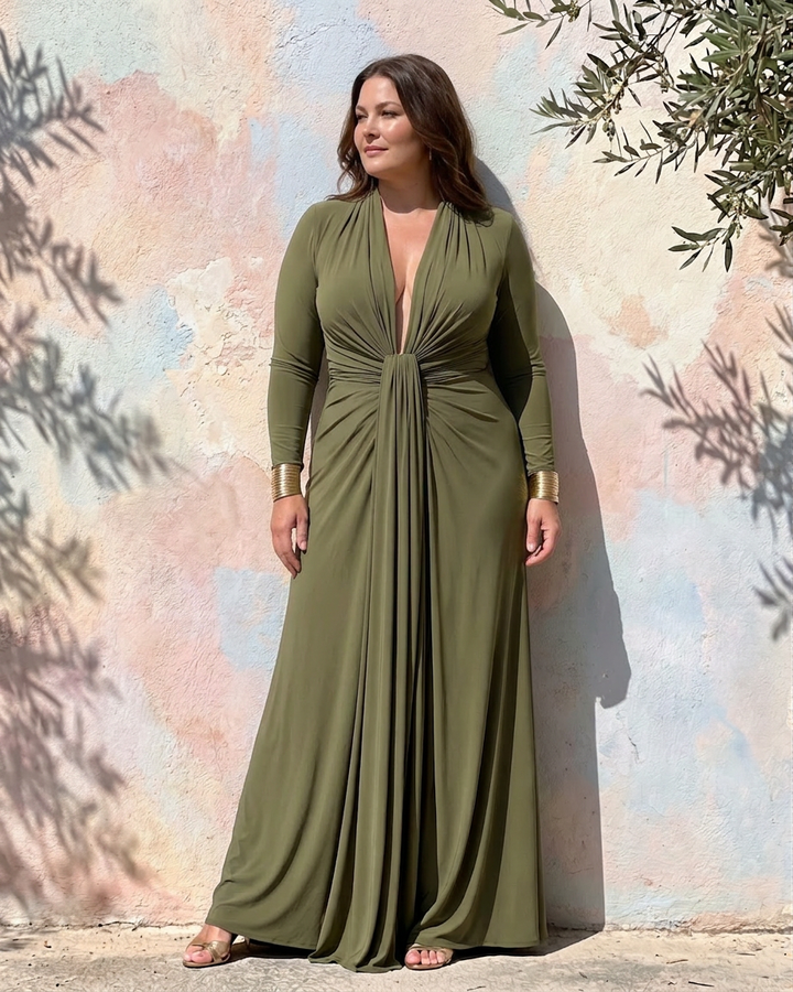 Vimmer | Draped Deep V Neck Long Sleeve Maxi Dress