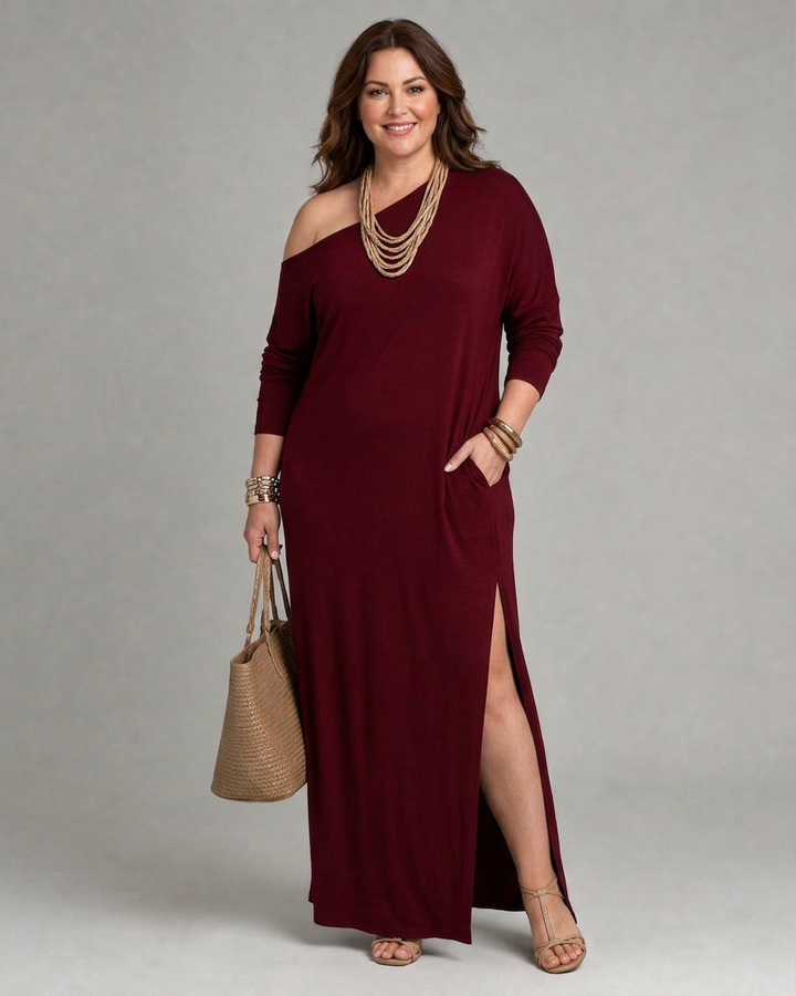 Asterelle | One Shoulder Side Slit Flowing Midi Dress