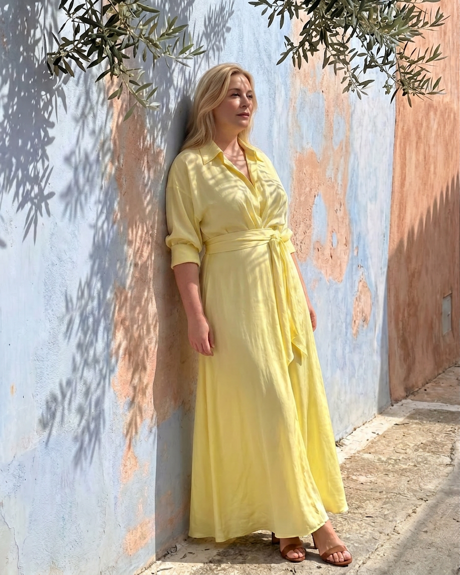 Zelith | Belted Collared Flowing Long Sleeve Midi Dress