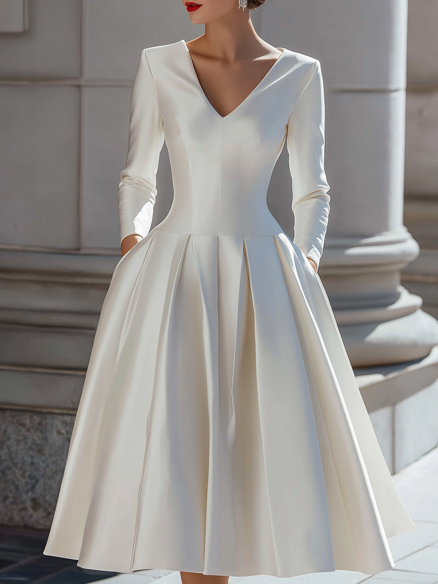 Marie – Elegant Satin V-Neck Pleated A-Line Midi Dress