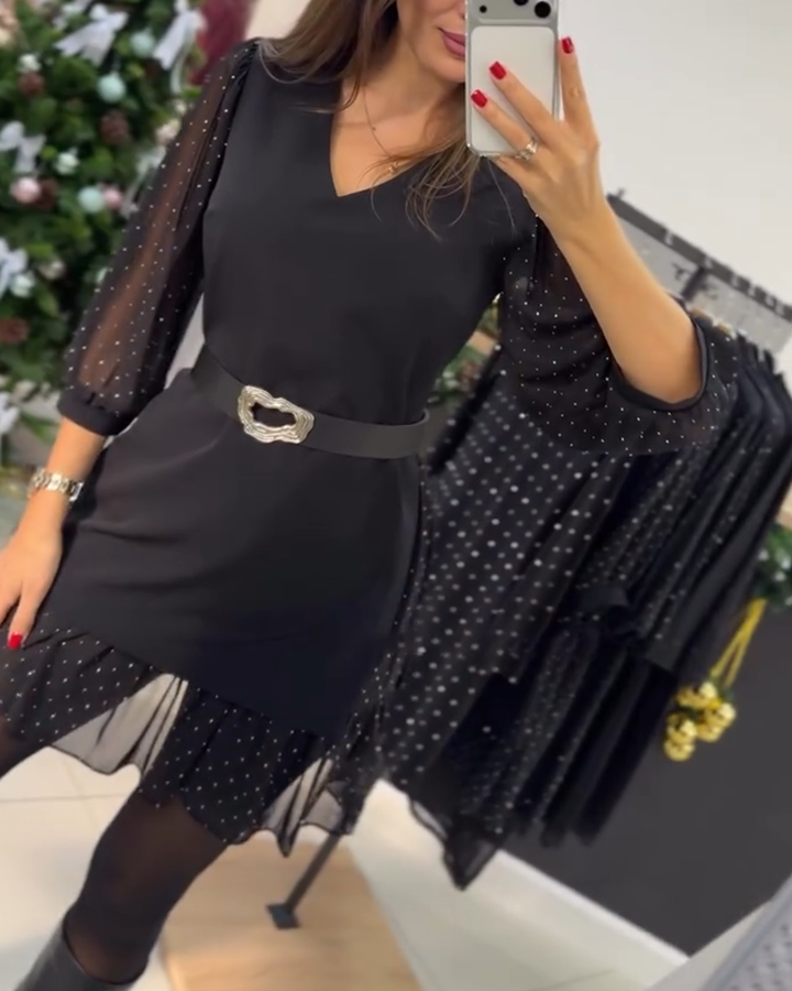 Serena - Elegant Black Dress with Sheer Sleeves and Jewel Belt