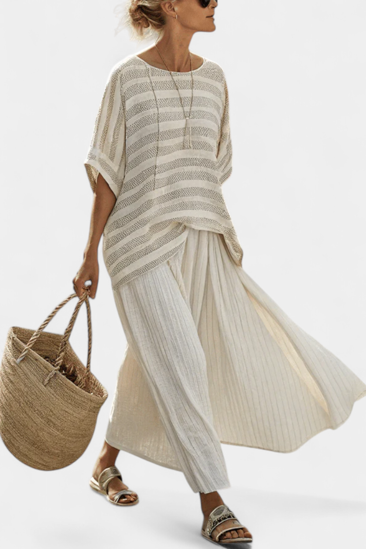 Graziella – natural bamboo striped top and fluid linen pants