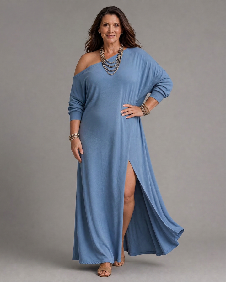 Asterelle | One Shoulder Side Slit Flowing Midi Dress