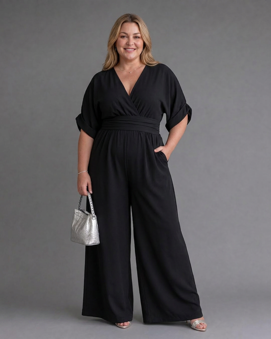 Emene | Draped V Neck Wide Leg Relaxed Jumpsuit