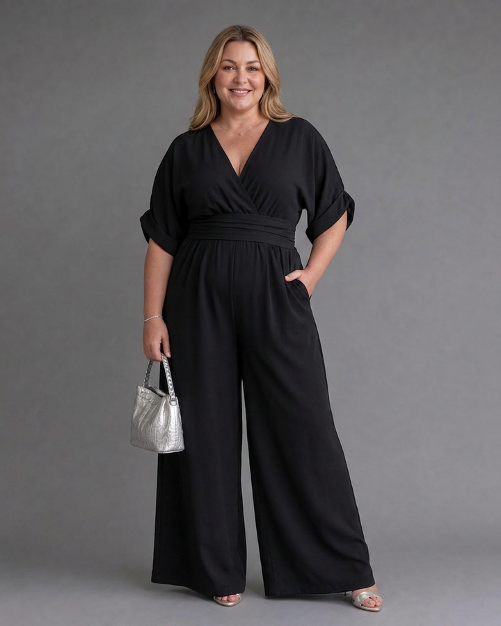 Emene | Draped V Neck Wide Leg Relaxed Jumpsuit