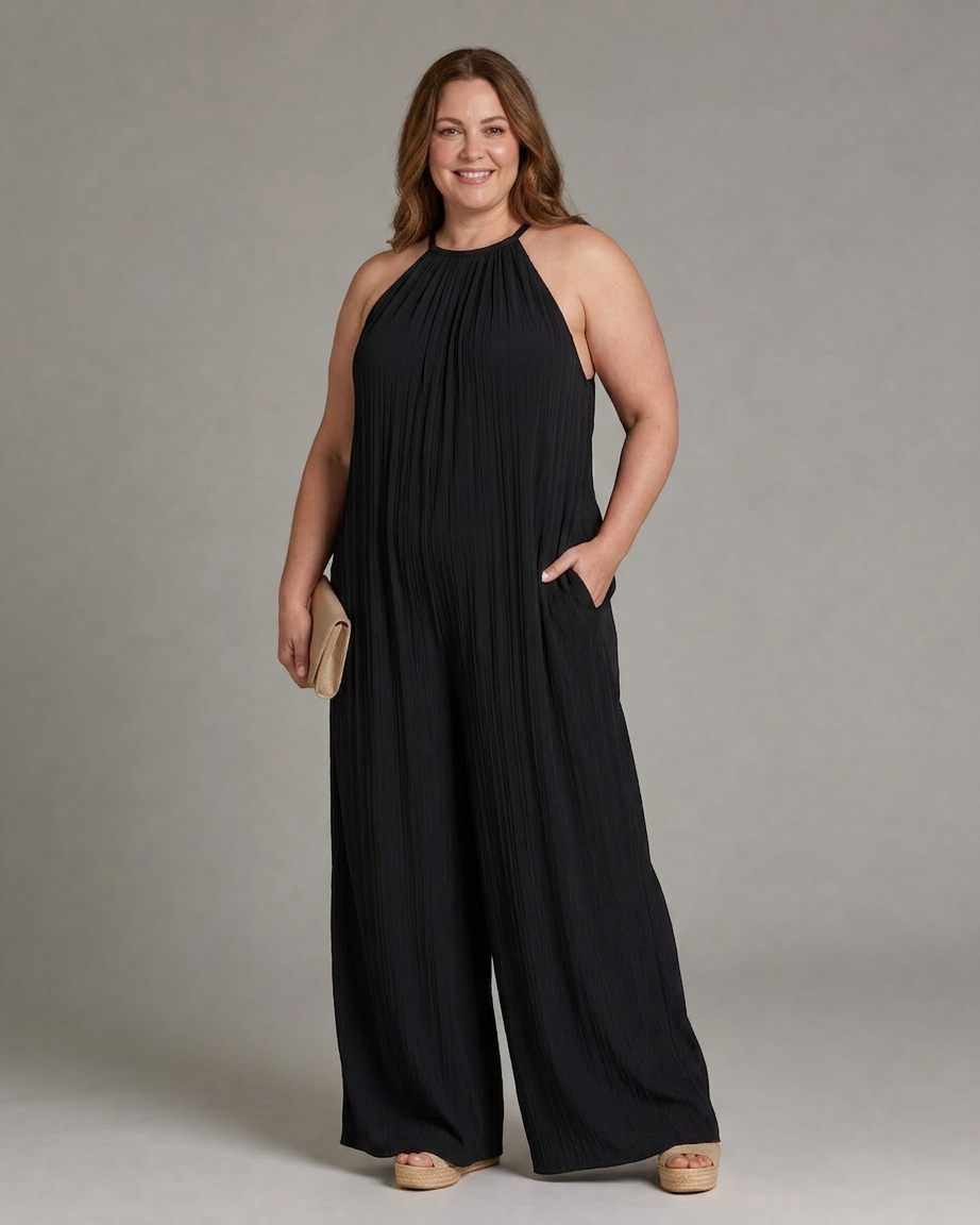 Sylvara | Pleated Halter Neck Wide Leg Relaxed Jumpsuit