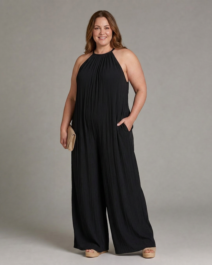 Sylvara | Pleated Halter Neck Wide Leg Relaxed Jumpsuit