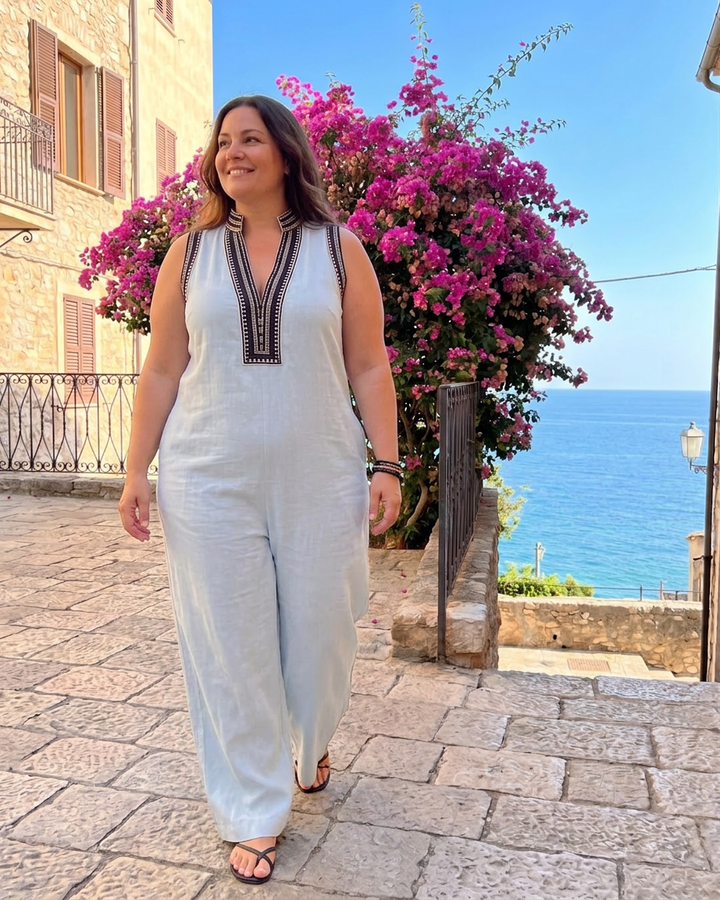 Velmira | Embroidered V Neck Sleeveless Wide Leg Jumpsuit