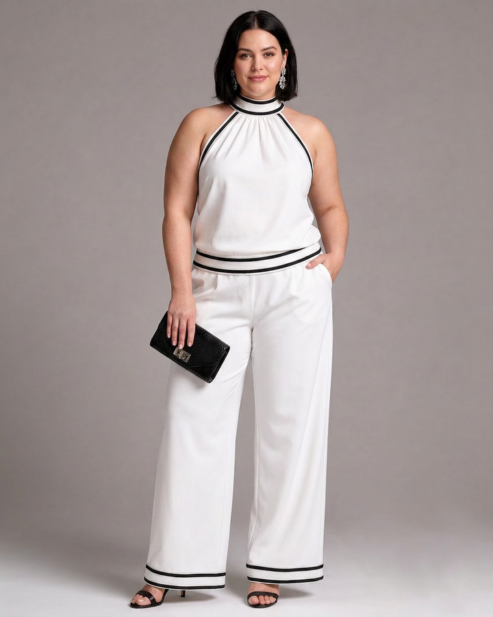 Zephyrine | Contrast Trim Halter Neck Wide Leg Jumpsuit