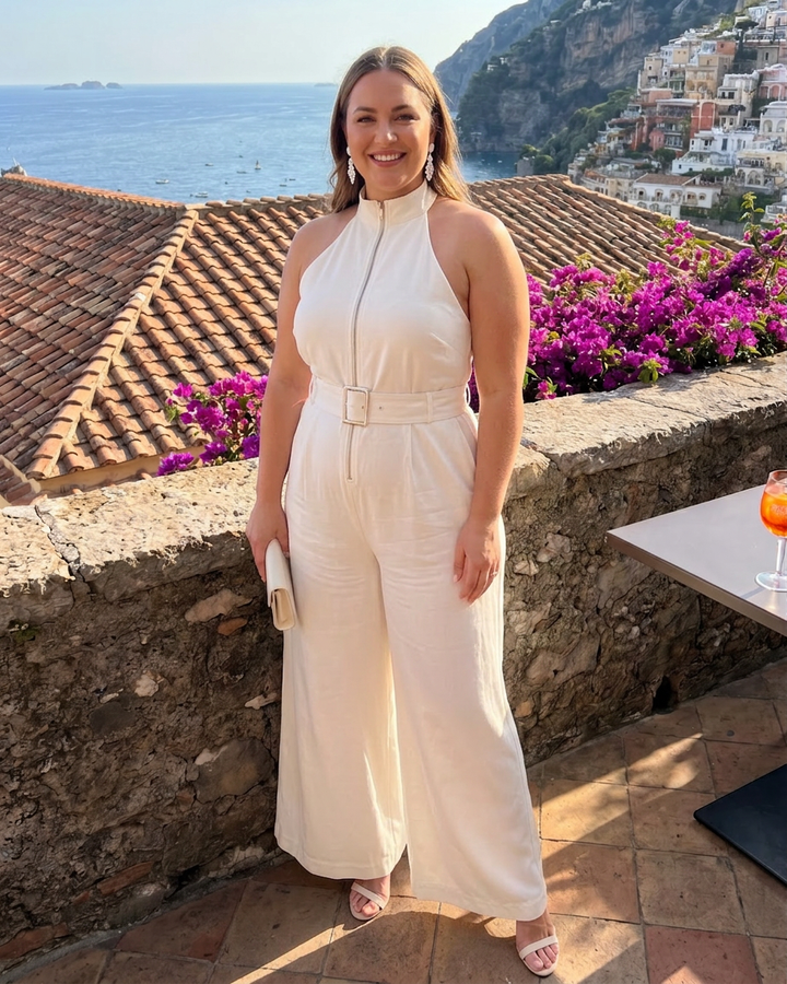 Astrielle | Belted High Neck Wide Leg Sleeveless Jumpsuit