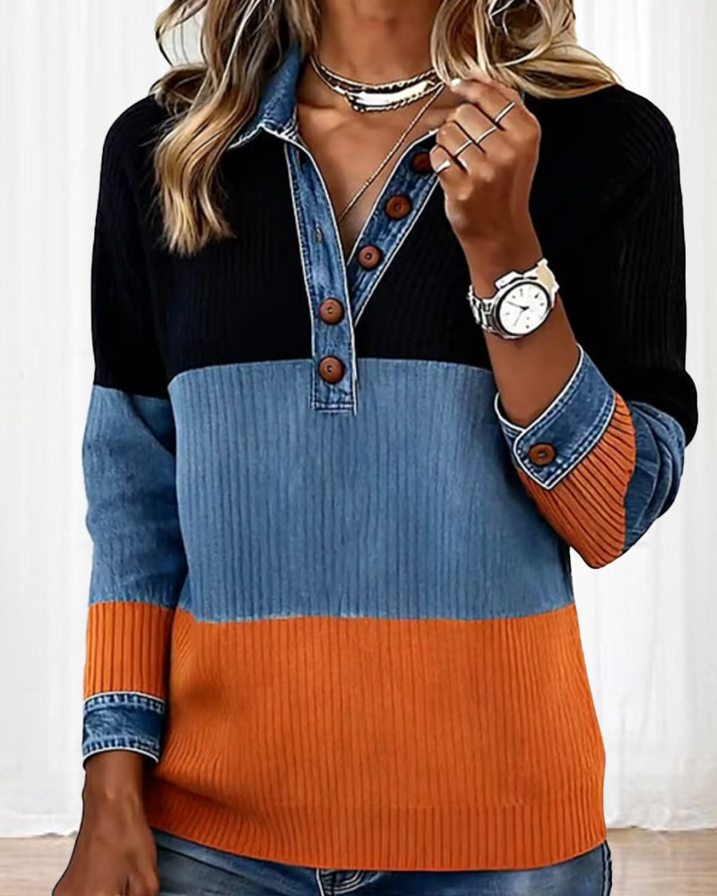 Laluna® | Fashionable Top with Lapel and Contrast Color
