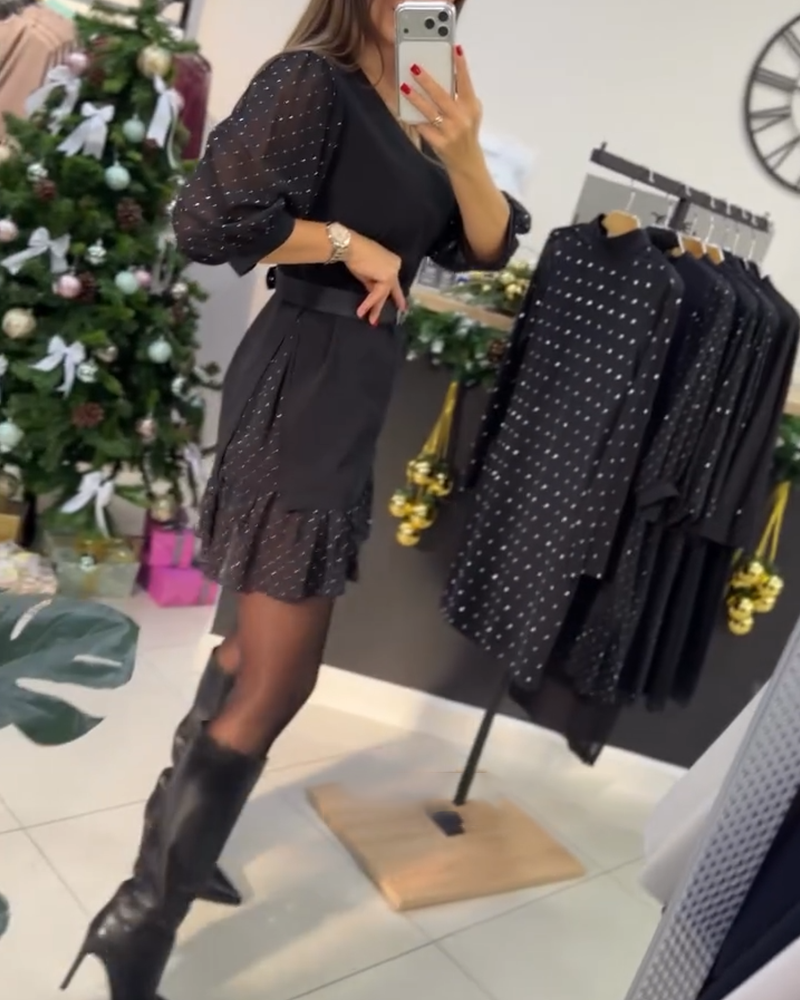 Serena - Elegant Black Dress with Sheer Sleeves and Jewel Belt