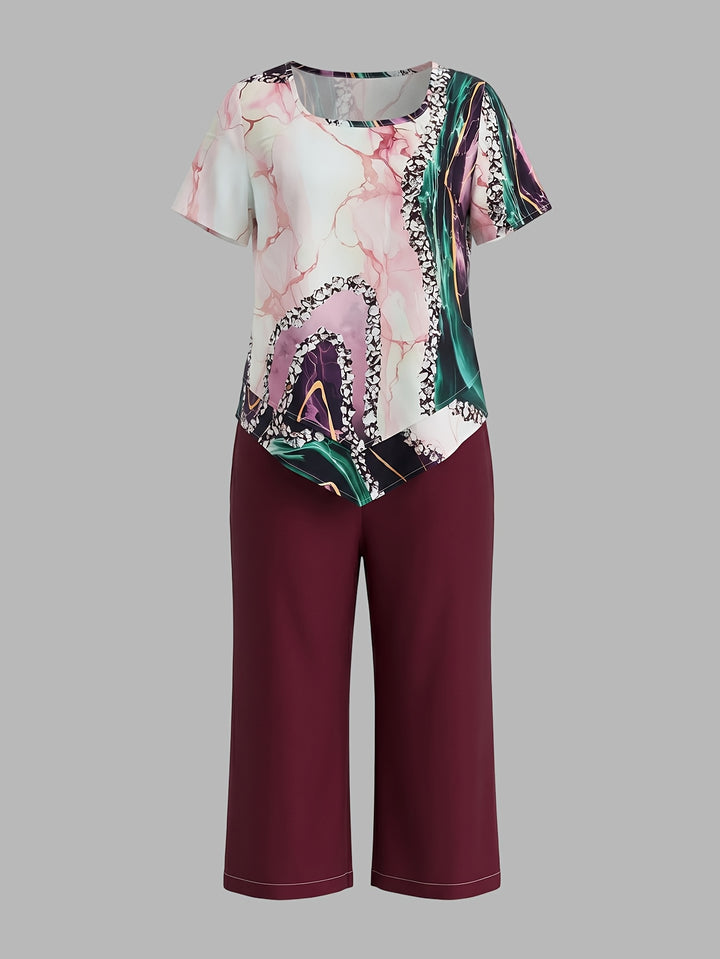 Women's Casual Short-sleeved Top + Solid Color Shorts