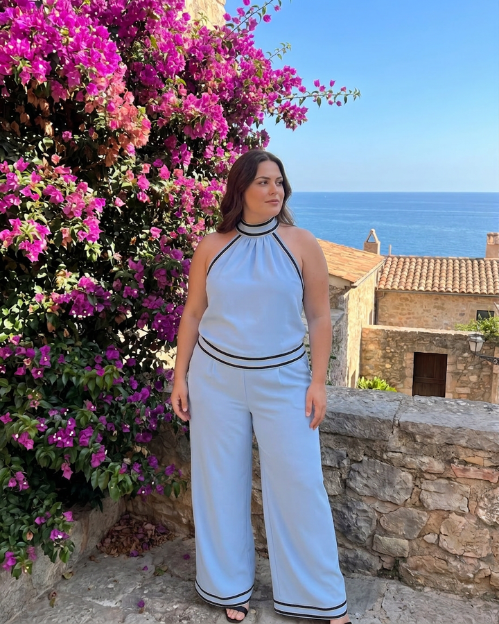 Zephyrine | Contrast Trim Halter Neck Wide Leg Jumpsuit