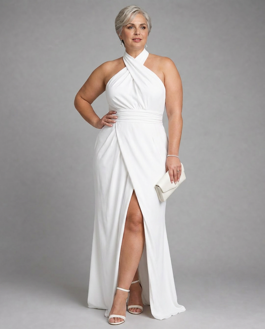 Vaelora | Cross Halter Draped Side Slit Midi Dress