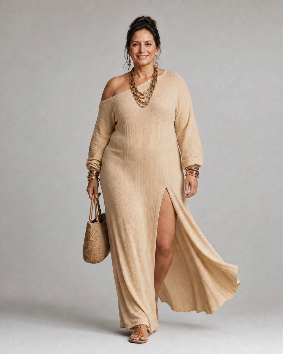 Asterelle | One Shoulder Side Slit Flowing Midi Dress
