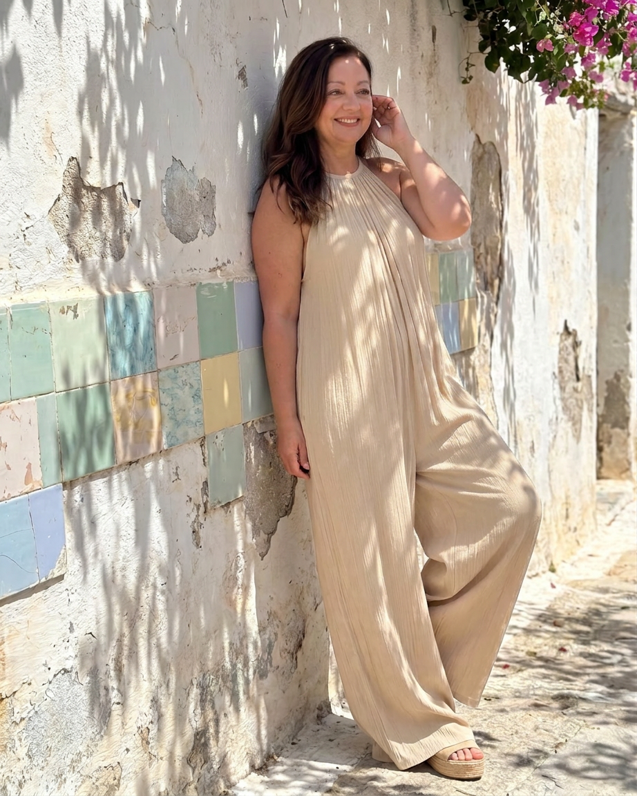 Sylvara | Pleated Halter Neck Wide Leg Relaxed Jumpsuit