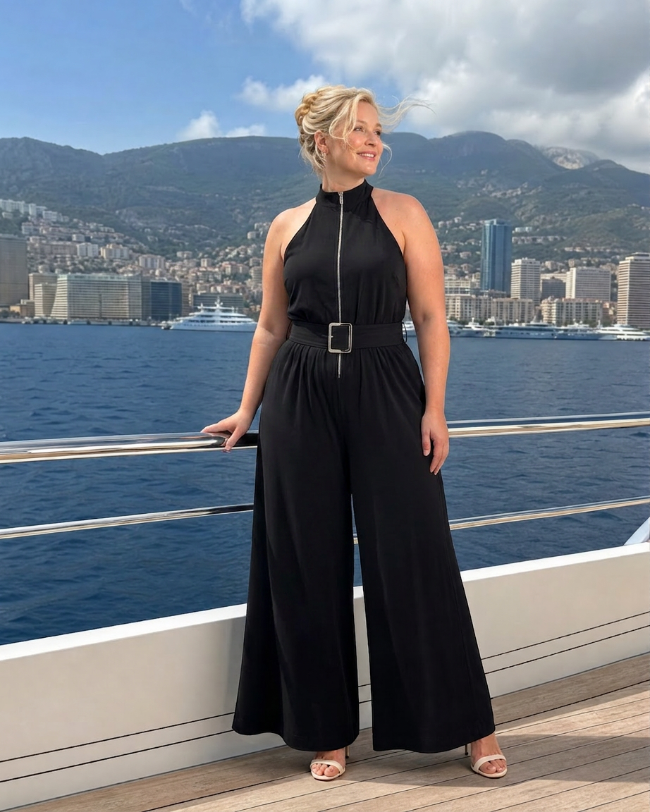 Astrielle | Belted High Neck Wide Leg Sleeveless Jumpsuit
