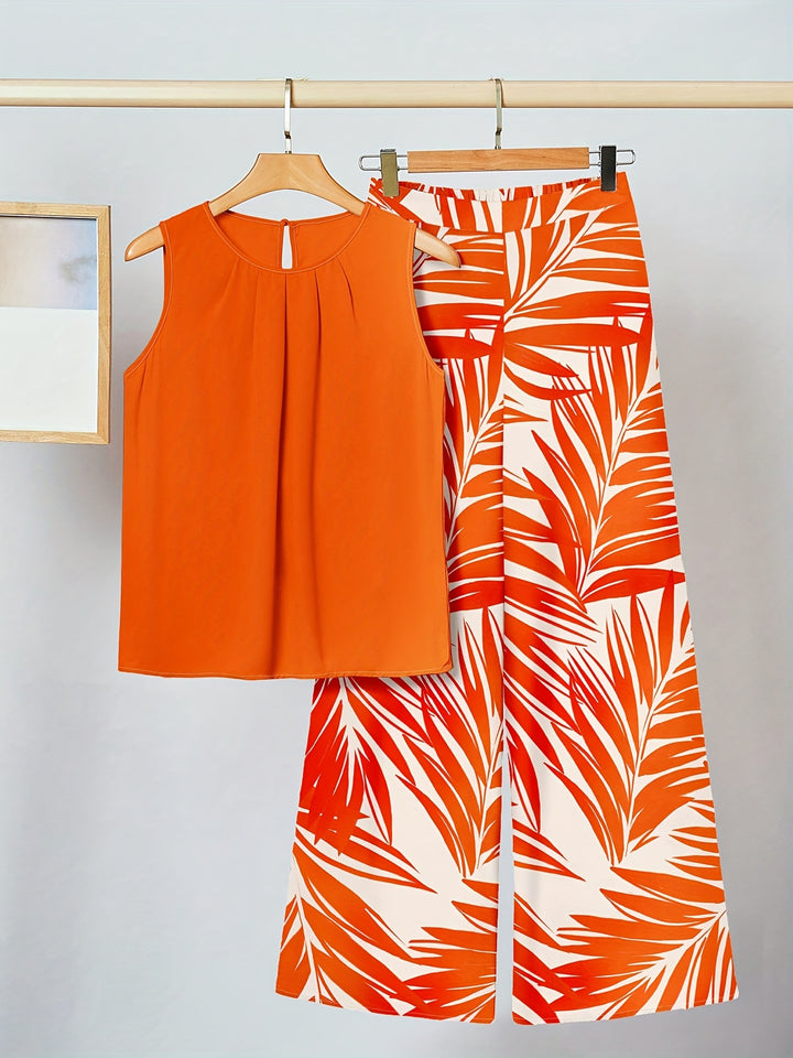 [Orange Vacation Outfit] 2pcs Set Women's Orange Printed Vacation Outfit, Suitable for Summer Women's Summer Vacation Wear Women's Elegant Vacation Wear Women's Beach Vacation Wear Women's Summer Vacation Wear Women's Island Vacation Wear