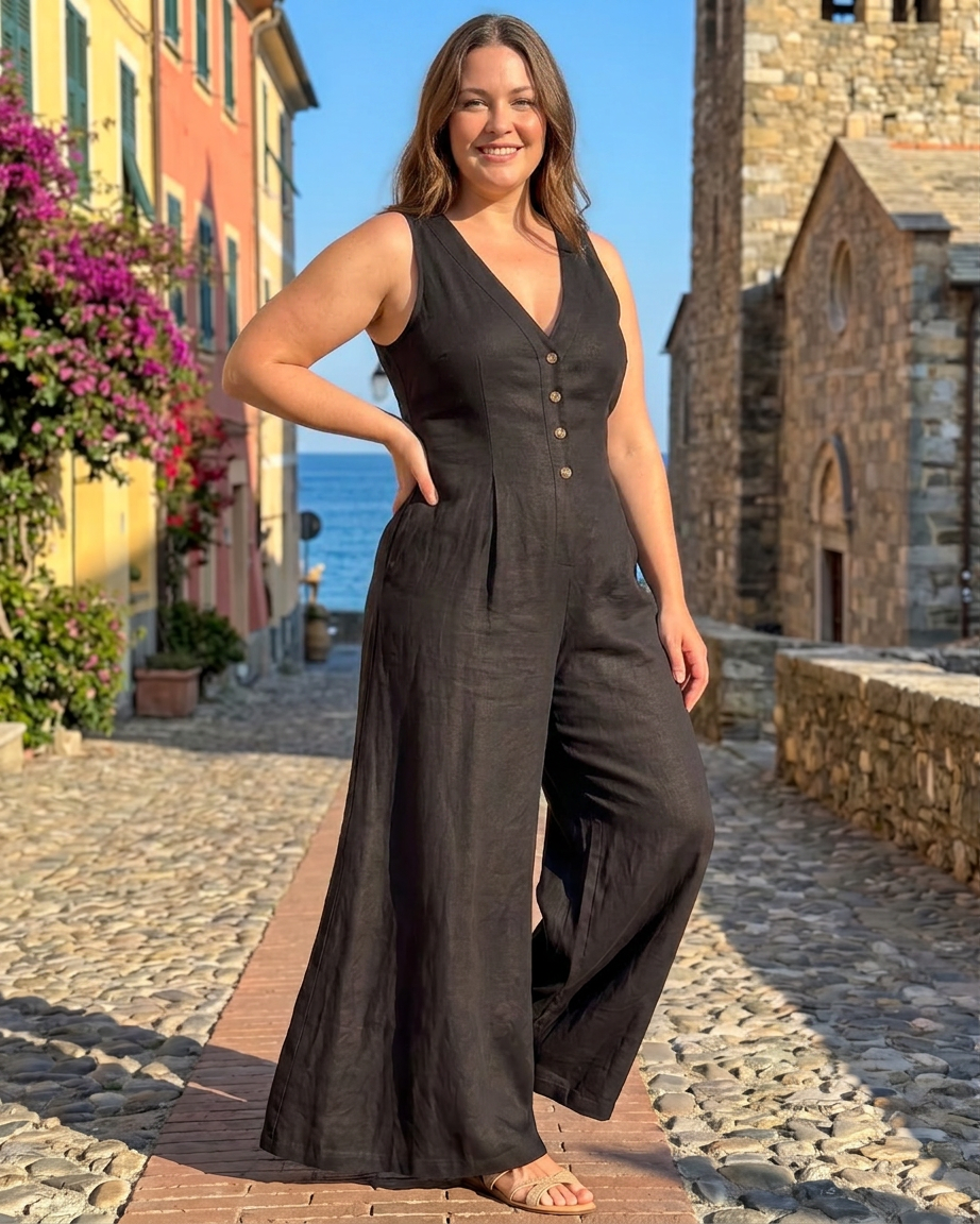 Lyssara | Button Front Sleeveless Wide Leg Relaxed Jumpsuit