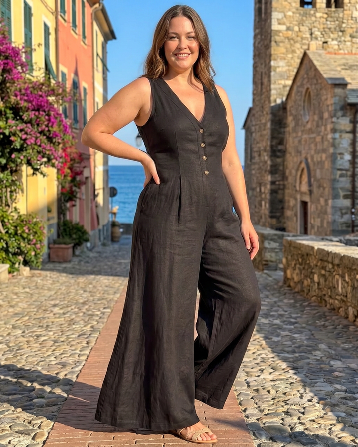 Lyssara | Button Front Sleeveless Wide Leg Relaxed Jumpsuit