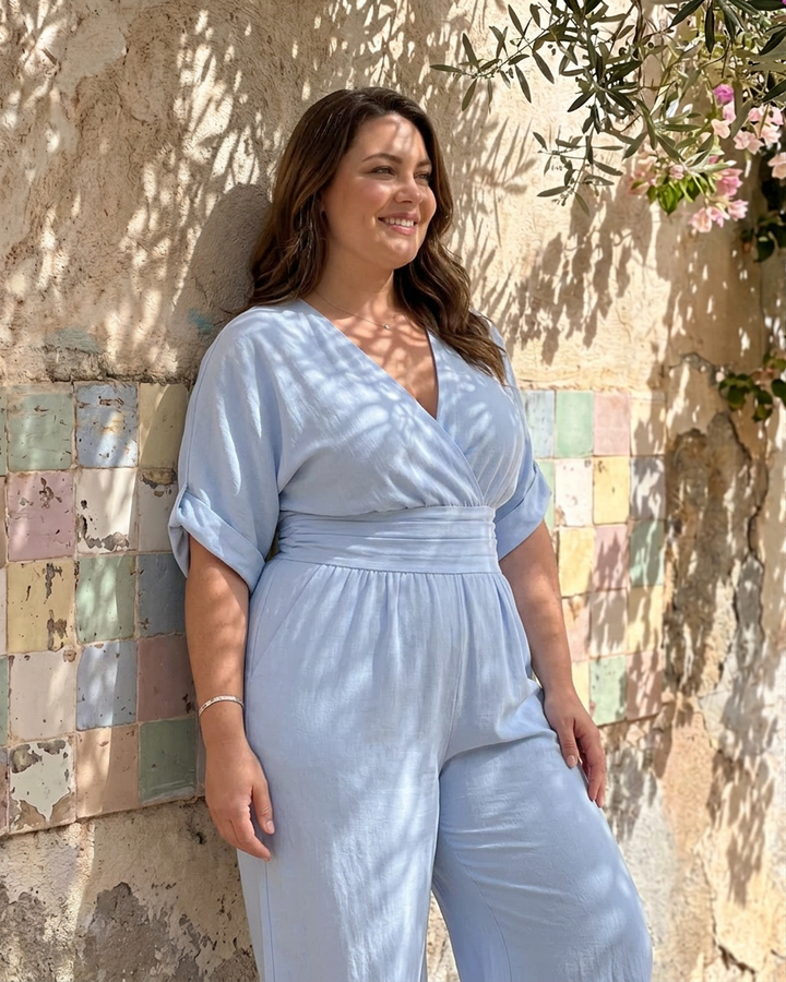 Emene | Draped V Neck Wide Leg Relaxed Jumpsuit