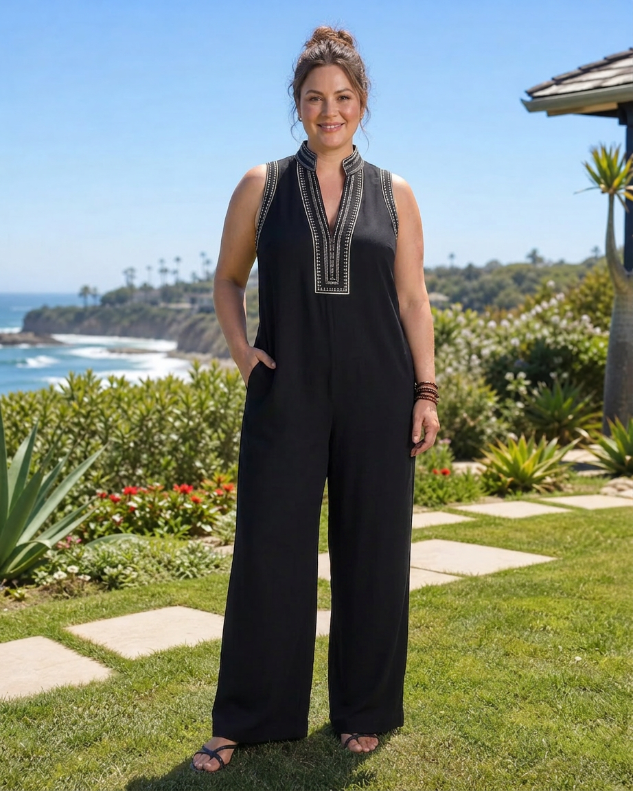 Velmira | Embroidered V Neck Sleeveless Wide Leg Jumpsuit