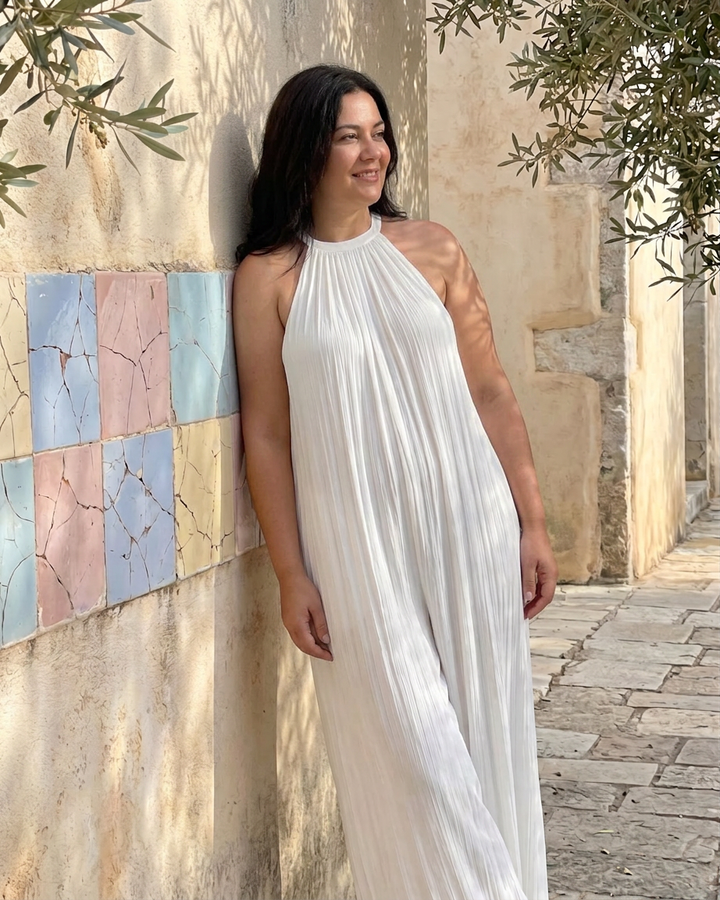 Sylvara | Pleated Halter Neck Wide Leg Relaxed Jumpsuit