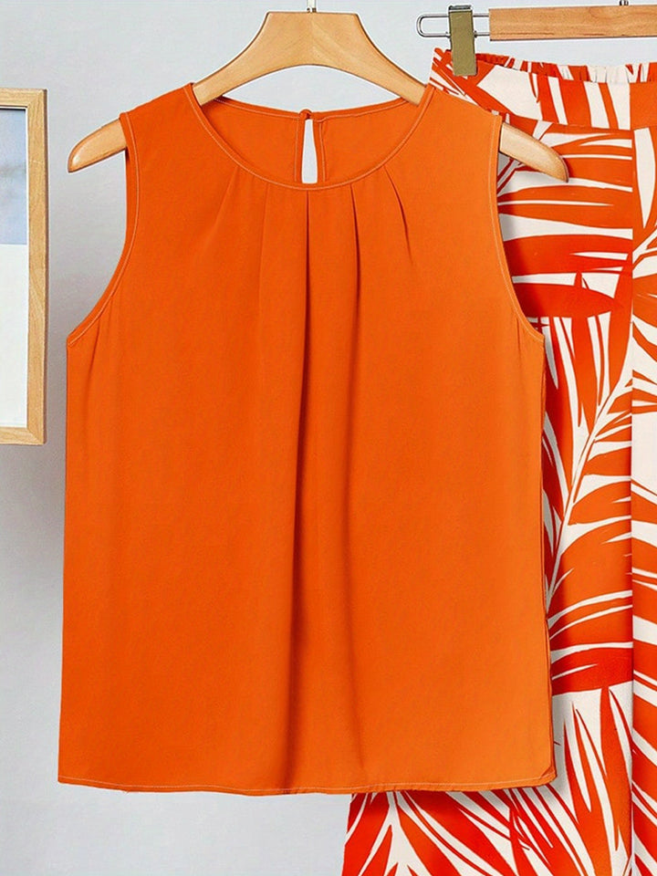 [Orange Vacation Outfit] 2pcs Set Women's Orange Printed Vacation Outfit, Suitable for Summer Women's Summer Vacation Wear Women's Elegant Vacation Wear Women's Beach Vacation Wear Women's Summer Vacation Wear Women's Island Vacation Wear